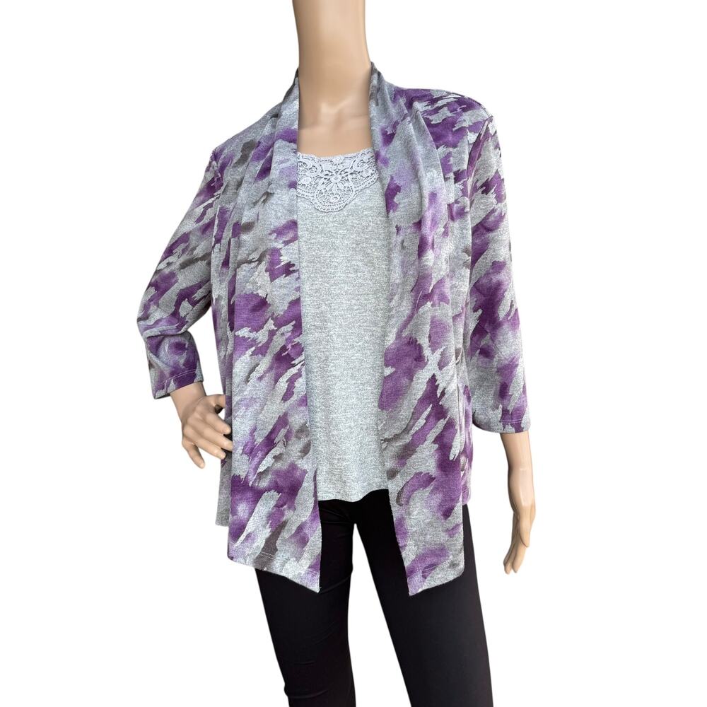 Alfred Dunner PM Cardigan Tank 2 Fer Petite Purple Gray Waterfall 2pc Duet Knit